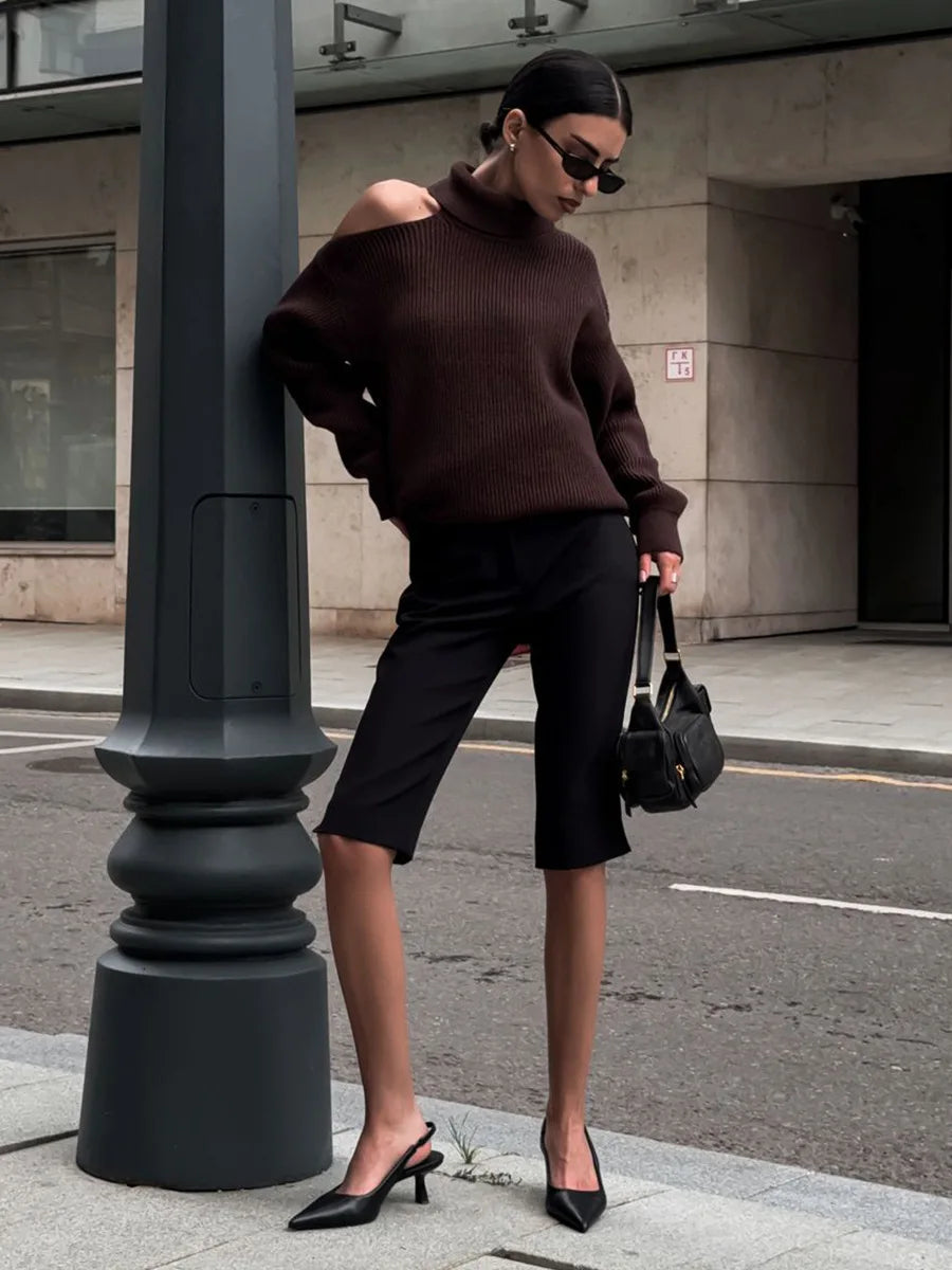 Women New Turtleneck Cutout Shoulder Pullover Long Sleeve Ribbed Knit Trendy Loose Fit Sweater Autumn Winter Fashion Streetwear