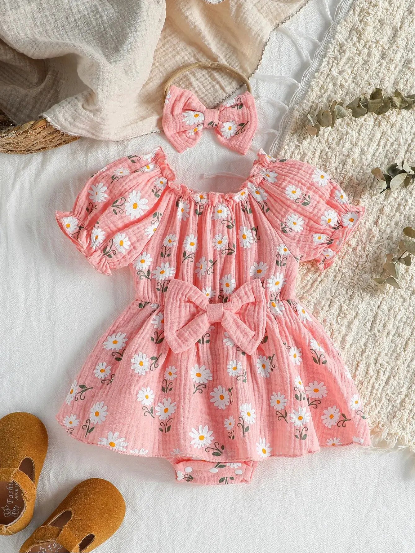 2Pcs Summer Newborn Soft  Cotton Pink Baby Girls Rompers Dress