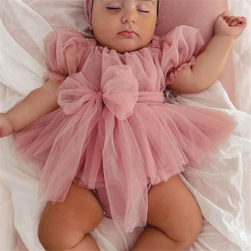 0-24M Infant Baby Girl Romper Dress Solid Color Short Sleeve Front