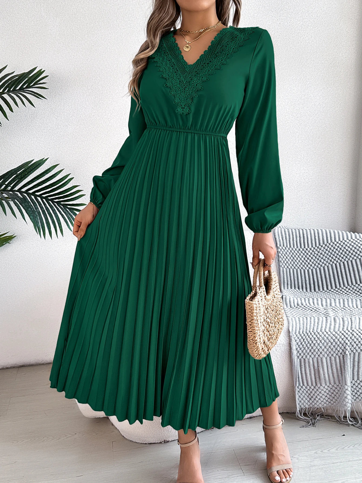 2026 Fashion Lace V Neck Lantern Long Sleeve Maxi Dress for Women Autumn Winter Casual Solid Color Pleated Dresses Khaki Red