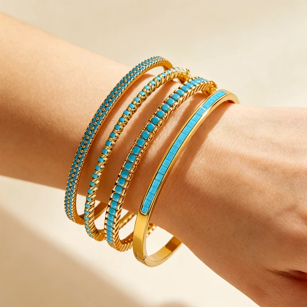 ZAKOL New 4 Styles Bule Turquoise Zircon Inlaid Bracelet Bangles for Women Ffashion Open Buckle Bracelets Stacking Jewelry