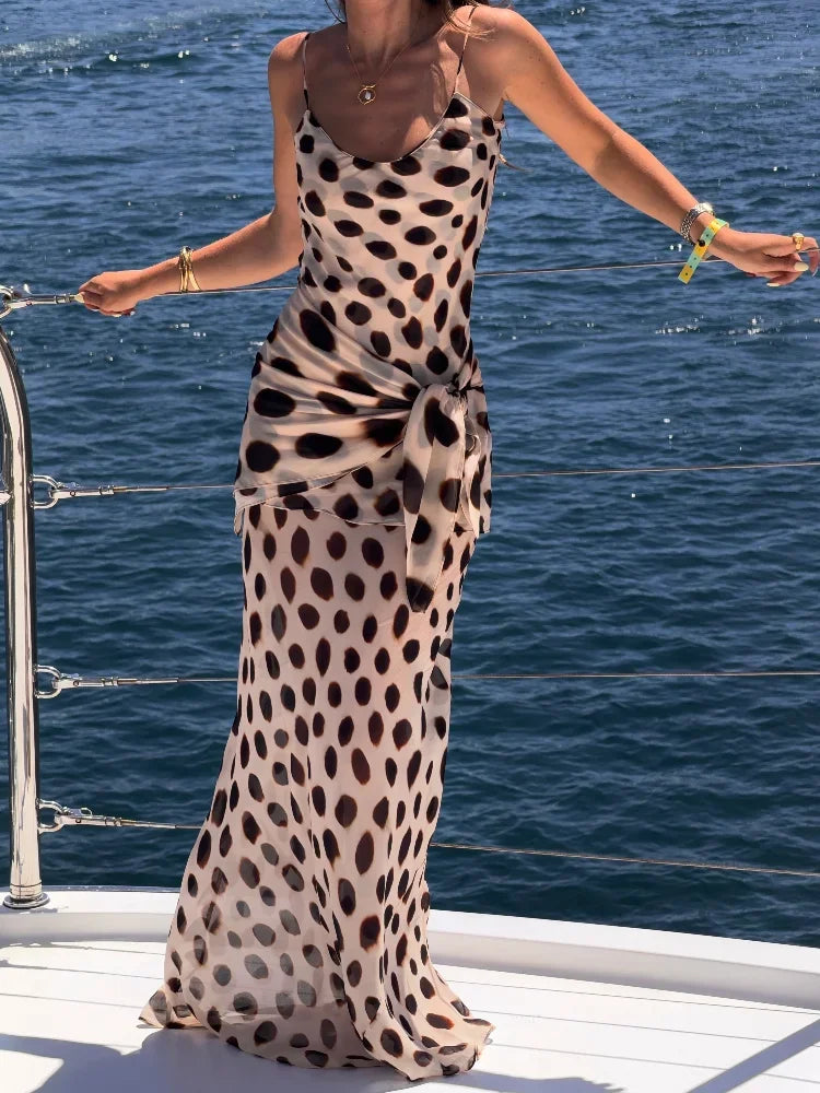 Summer Vacation Sexy Polka Dot Print Sling Maxi Dress Women Elegant Lace-up V-neck Sleeveless Backless Dresses Beach Party Gowns