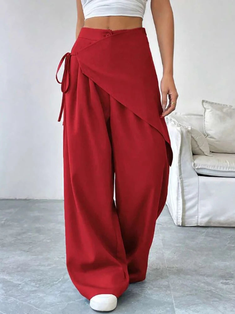 Elegant Irregular Suit Pants for Women High Waist Loose Wide Leg Pants Asymmetrical Lace Up Trousers Elastic Waist Casual Pants