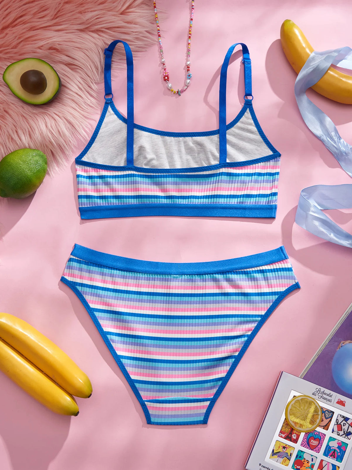 Brazilian Style Striped Women Lingerie Set Color Block Wireless Unpadded Bra Intimates Panties Underwear
