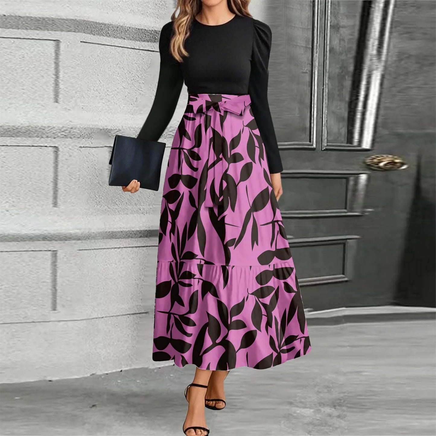 Printed High-Waist Long Sleeve Maxi Dress – O-Neck 2026