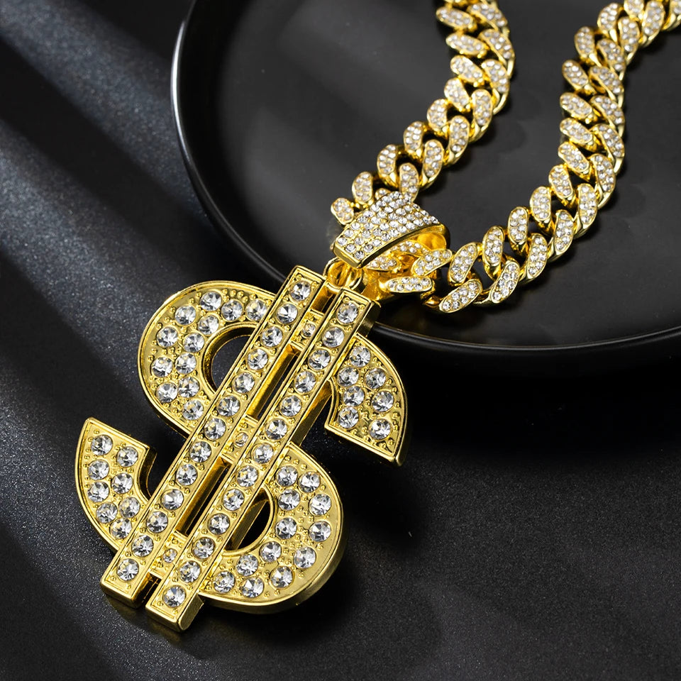 ZAKOL Hip Hop Letter Pendant Necklace for Women Men Shiny Rhinestones 13MM Cuban Chain Necklaces Fashion Jewelry Gifts