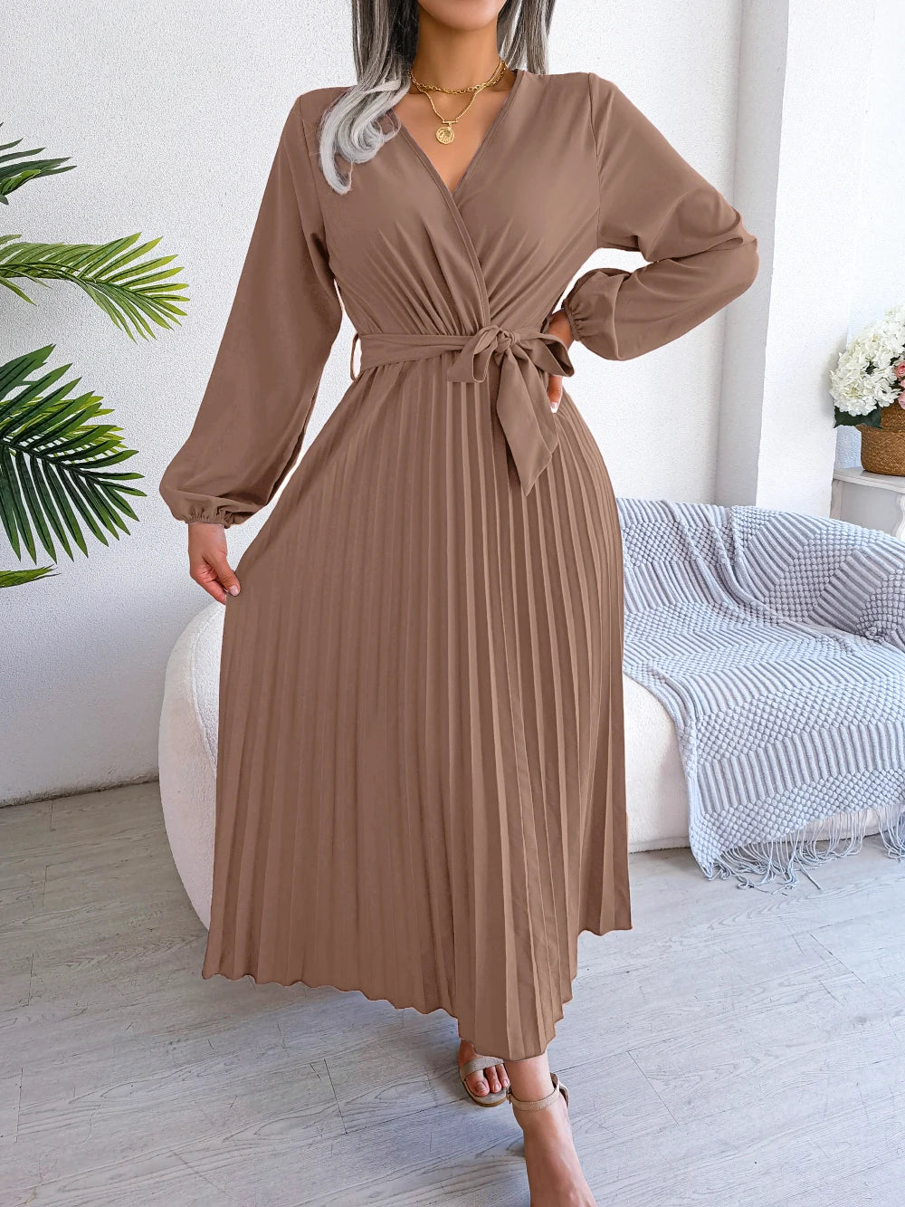 Women Elegant V Neck Long Sleeve Pleated Maxi Dress