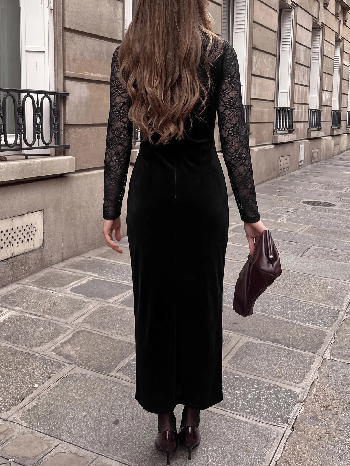 Women Velvet Maxi Dress Long Sleeve V Neck Lace Patchwork Bodycon Long Dress Elegant Evening Party Nightclub Slim Fit Dress