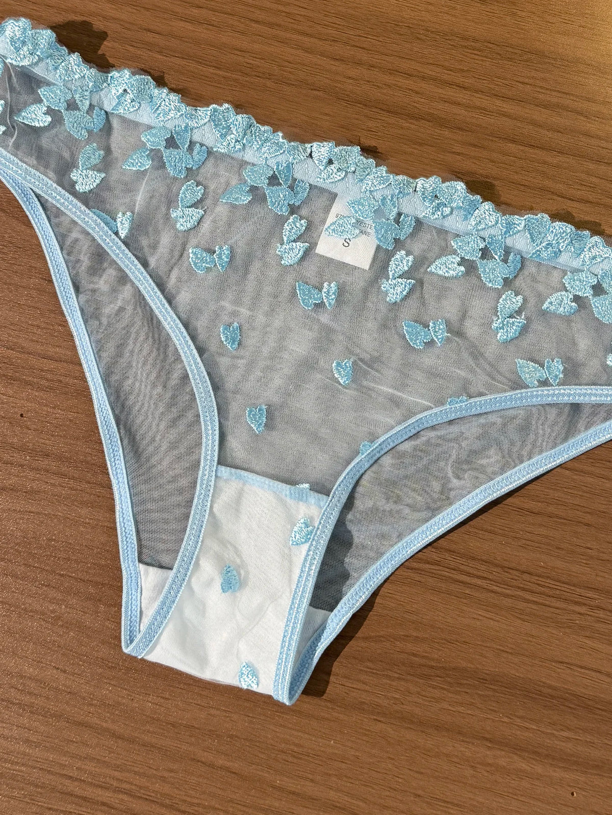 French Romantic Dreamy Light Blue Heart Embroidery Lace Underwear Set with Transparent Mesh Butterfly Knot Shoulder Strap Design