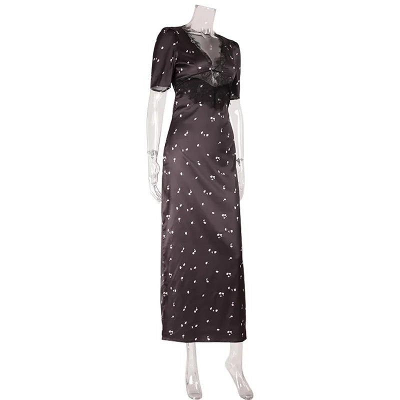Sexy Polka Dot Dresses For Women Patchwork Lace Maxi Dress Hollow out Deep V Neck Sleeveless Bodycon Elegant Party Dress