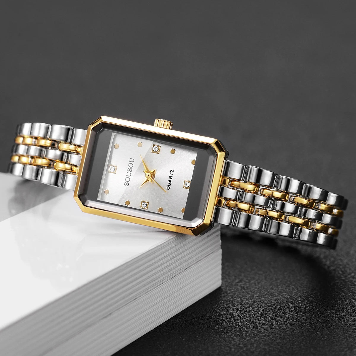 Fashion Rectangle Rhinestone Women Quartz Watch Stainless Steel Bracelet Ladies Dress Wristwatches Relogio Feminino（Without Box）