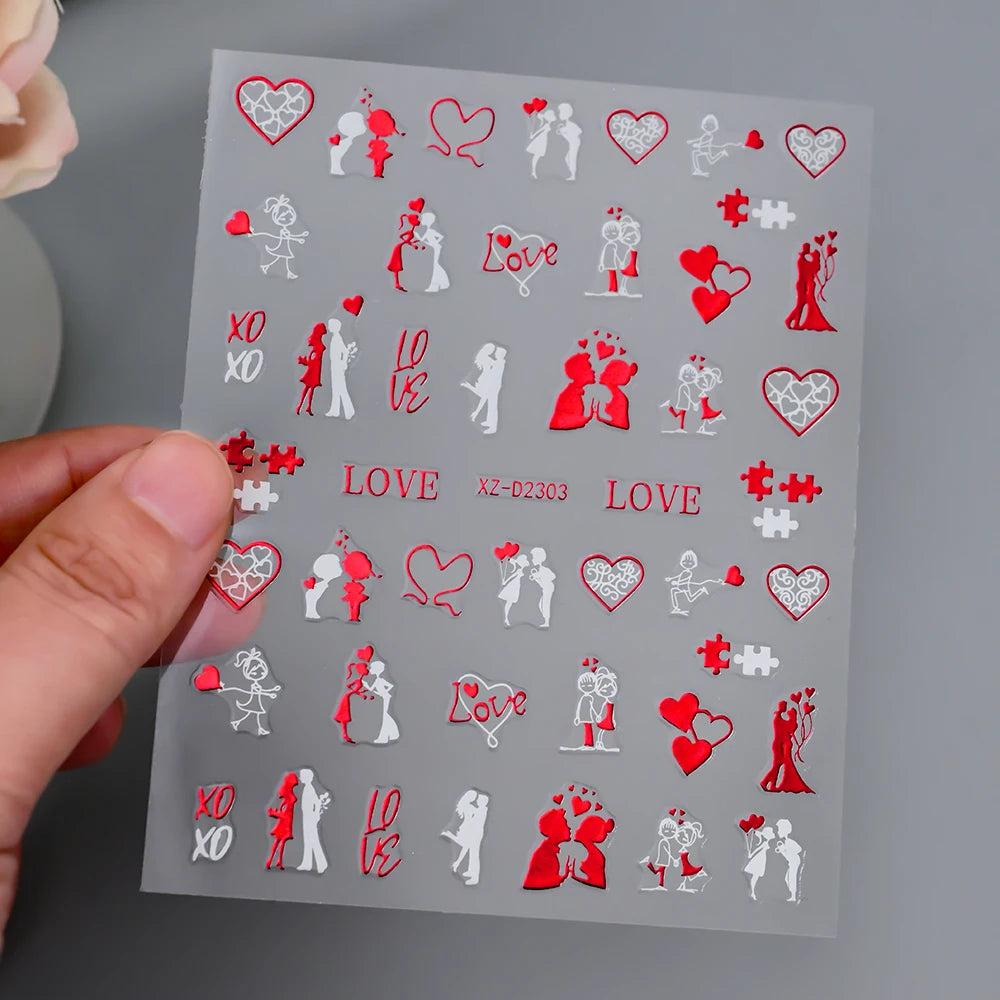1Pc 3D Red Love Heart Nail Art Stickers Rose Flower Lip Self Adhesive Decals Valentine' Day Nail Sliders For Manicure Decoration