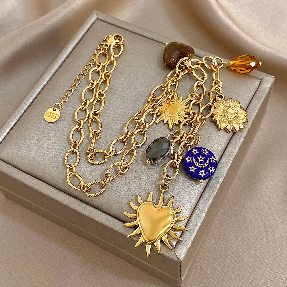 Women Stainless Steel Gold Plated Set, Sun Flower Heart Tiger's Eye Moon Star Charm Necklace Bracelet, Boho Fashion Jewelry Gift