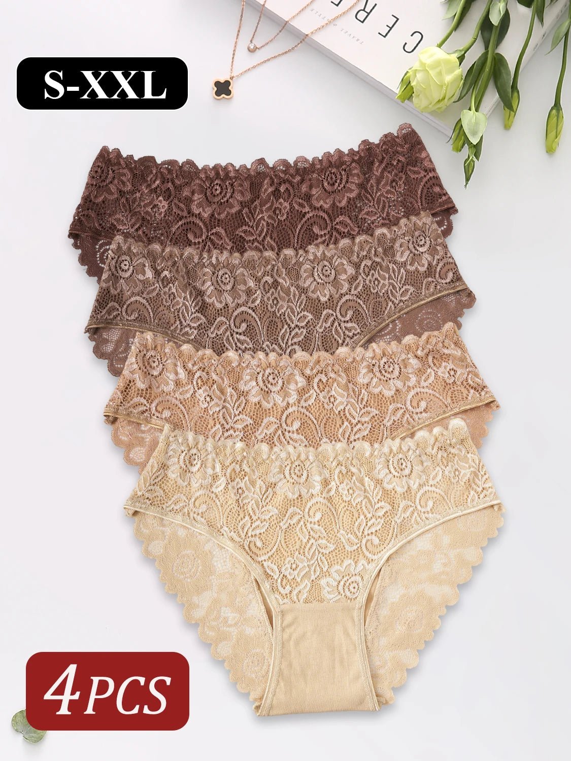 4PCS Women's Panties Sexy Elegant Floral Lace Underwear Comfortable Breathable Cotton Briefs Lingerie Perfect for Daily Wear