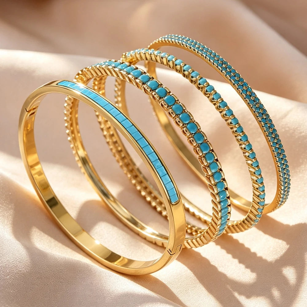 ZAKOL New 4 Styles Bule Turquoise Zircon Inlaid Bracelet Bangles for Women Ffashion Open Buckle Bracelets Stacking Jewelry