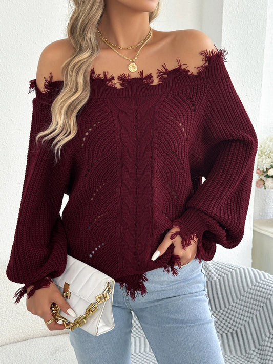 Elegant Slash Neck Tassel Sweaters 2026 Autumn Winter Solid Color Off Shoulder Knitted Pullover Hollow Out Long Sleeve Tops Red