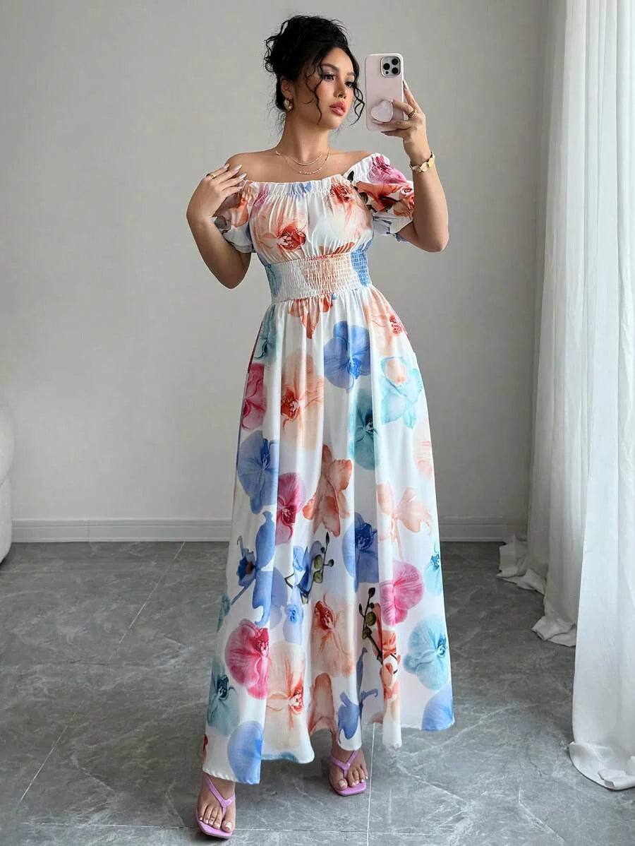 BKLD Women Clothing Summer Floral Print Dress Short Sleeve Square Collar Beach Holiday Outfits Waist Ruched Long Dresses Party