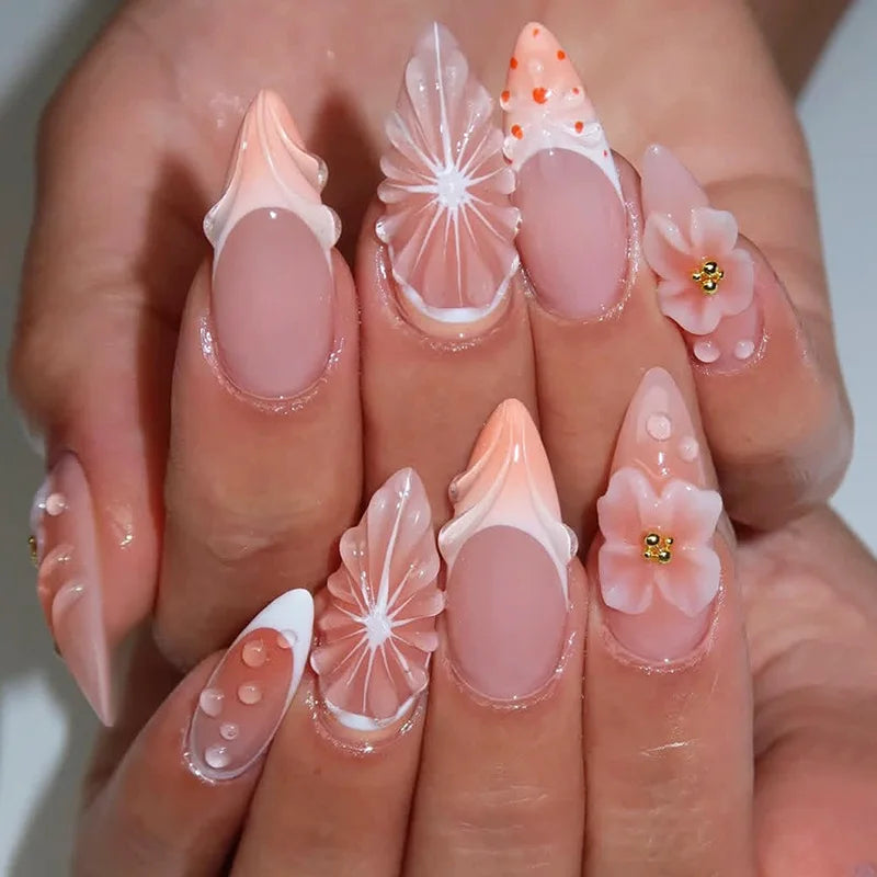 24Pcs Wine Red Almond Bow Heart Designs Press on Nails Glitter Cat Eye Diamond Nail Patch Wearable Elegant Full Cover Nail Tips