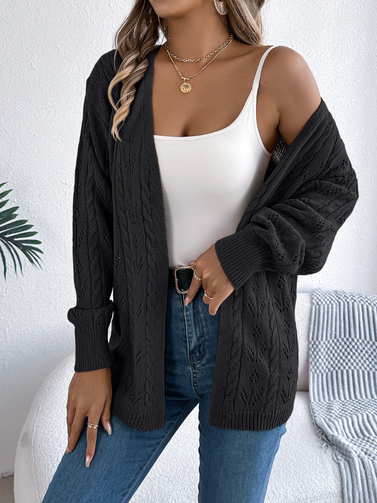 Women's Solid Color Hollow Out Knitted Cardigan Sweaters 2026 Autumn Winter Casual Lantern Long Sleeve Coats White Black Khaki