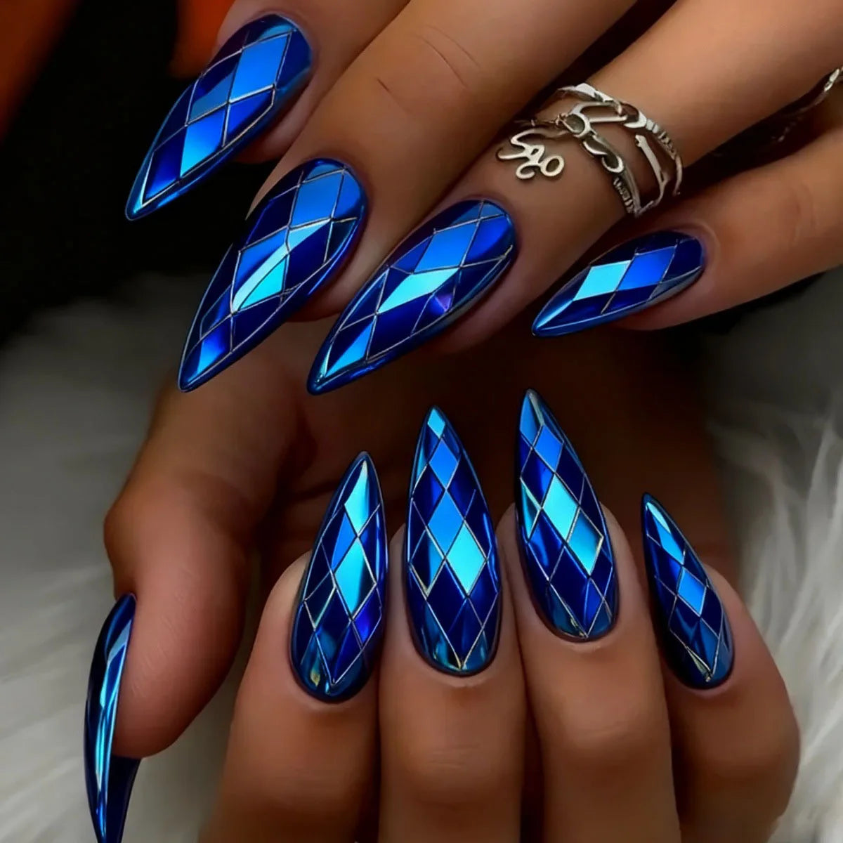 Medium fake nails for women girl glossy Metallic Holographic Plated 3D rhombus design dark blue pink press on acrylic false nail