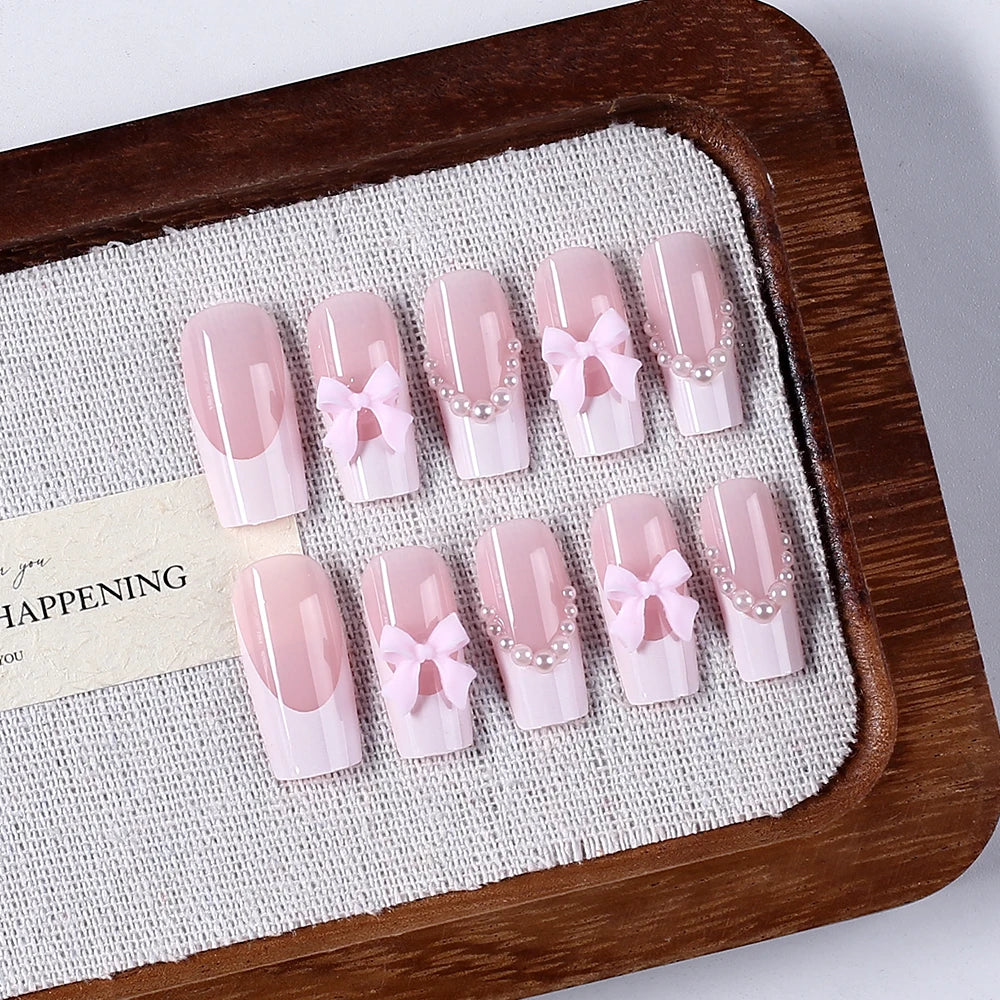 24pc Short Square French Fake Nails with Pearl Bow Acrylic Pink False Nail Wearable Press on Nails Full Cover Nail Tips