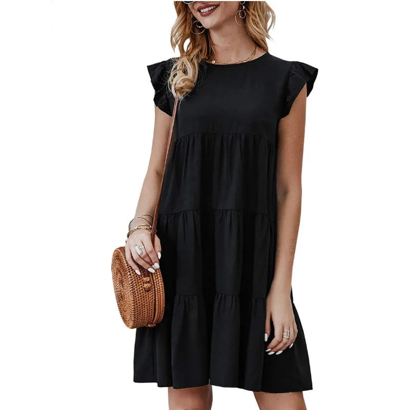 Women Elegant Ruffle Mini Dress Casual Solid O Neck Beach Party Sundress Simple Chic Loose Short Dress Vintage Harajuku Vestido