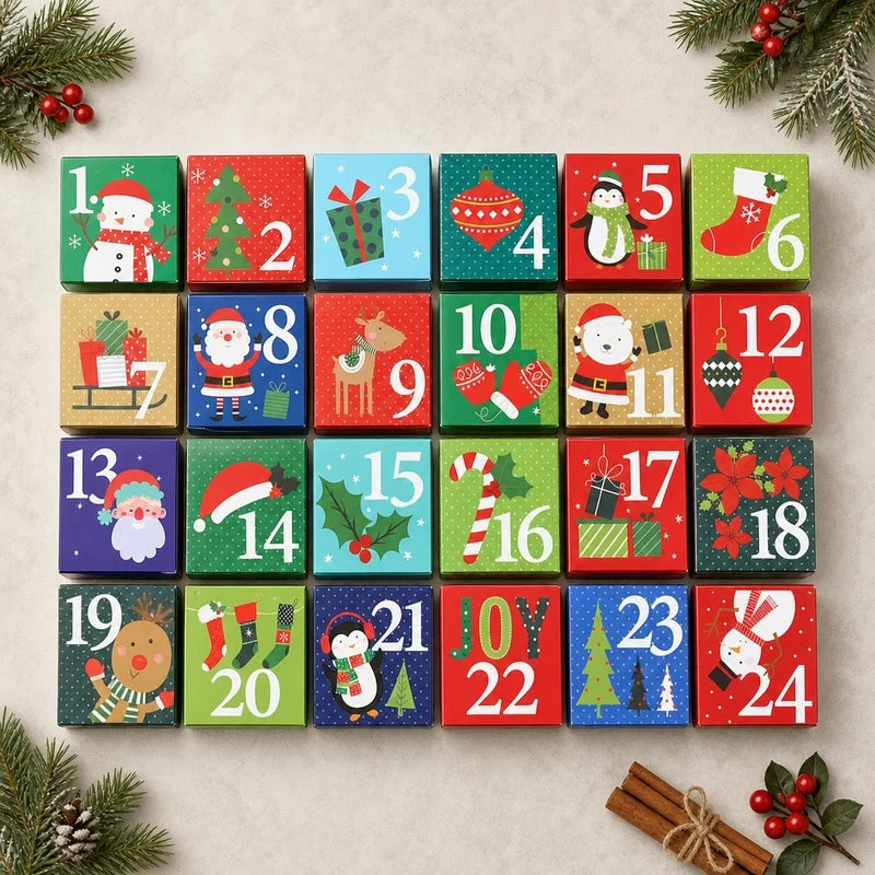 24Pcs Christmas Advent Calendar Empty Boxes, Paper Blind Boxes for Candy, Small Toys, Xmas Tabletop Holiday Decor