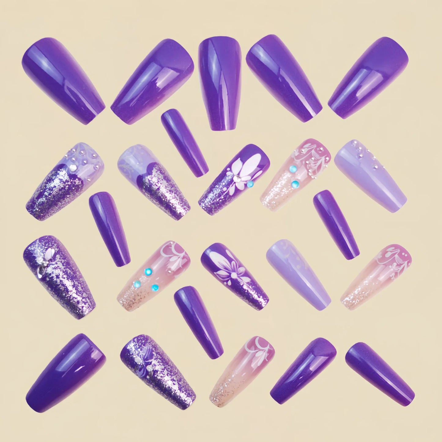 Medium long fake nails gradient purple blue colors with rhinestones design full cover reusable ABS press on Artificial nail