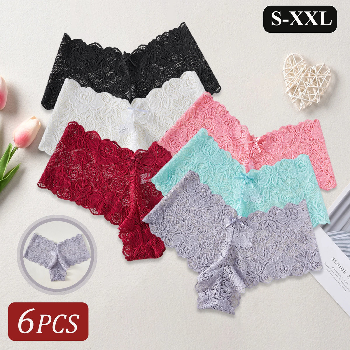 6PCS Women's Sexy Lace Underwear Solid Color V-Shape Low Waist Briefs Elegant Lace Floral Panties Fashion Breathable Lingerie