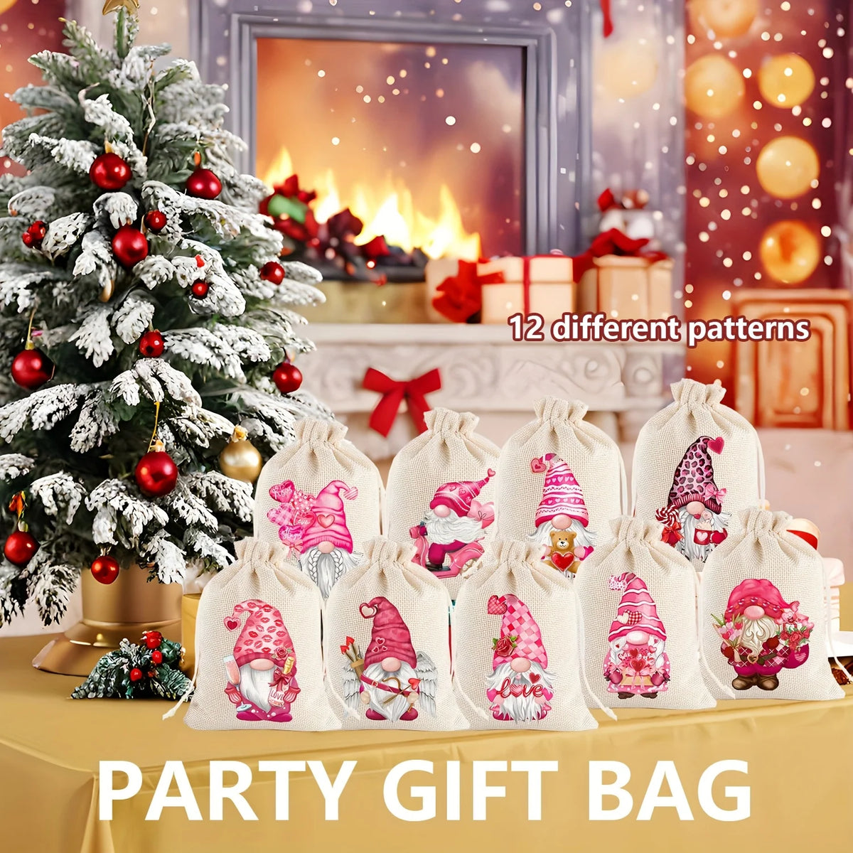12Pcs Retro Red Truck Christmas Drawstring Pockets, Various Christmas Element Carriers, Painted and Printed Fabric Small Bags