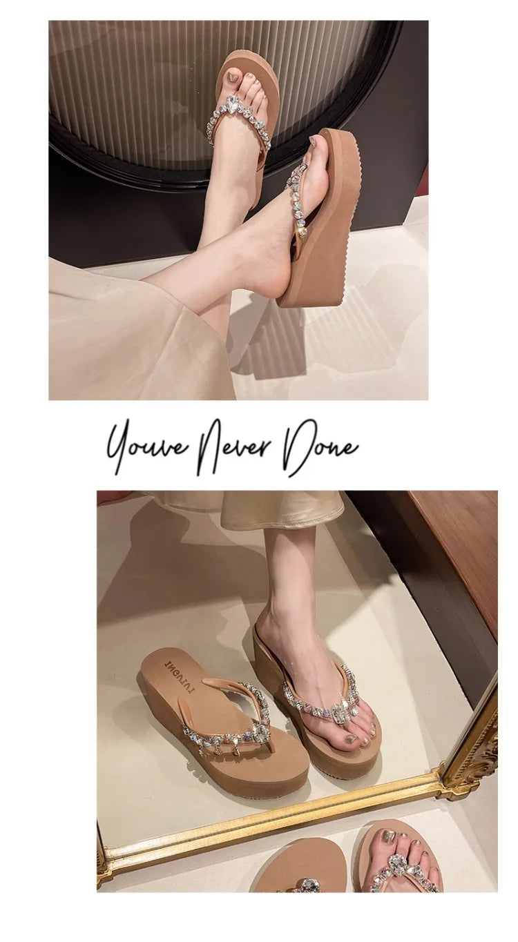 2025 Summer New High-heeled Flip Flops Women's Rhinestone Chain Pendant Thick Bottom Fashionable Clip on Sandals Beach Slippers