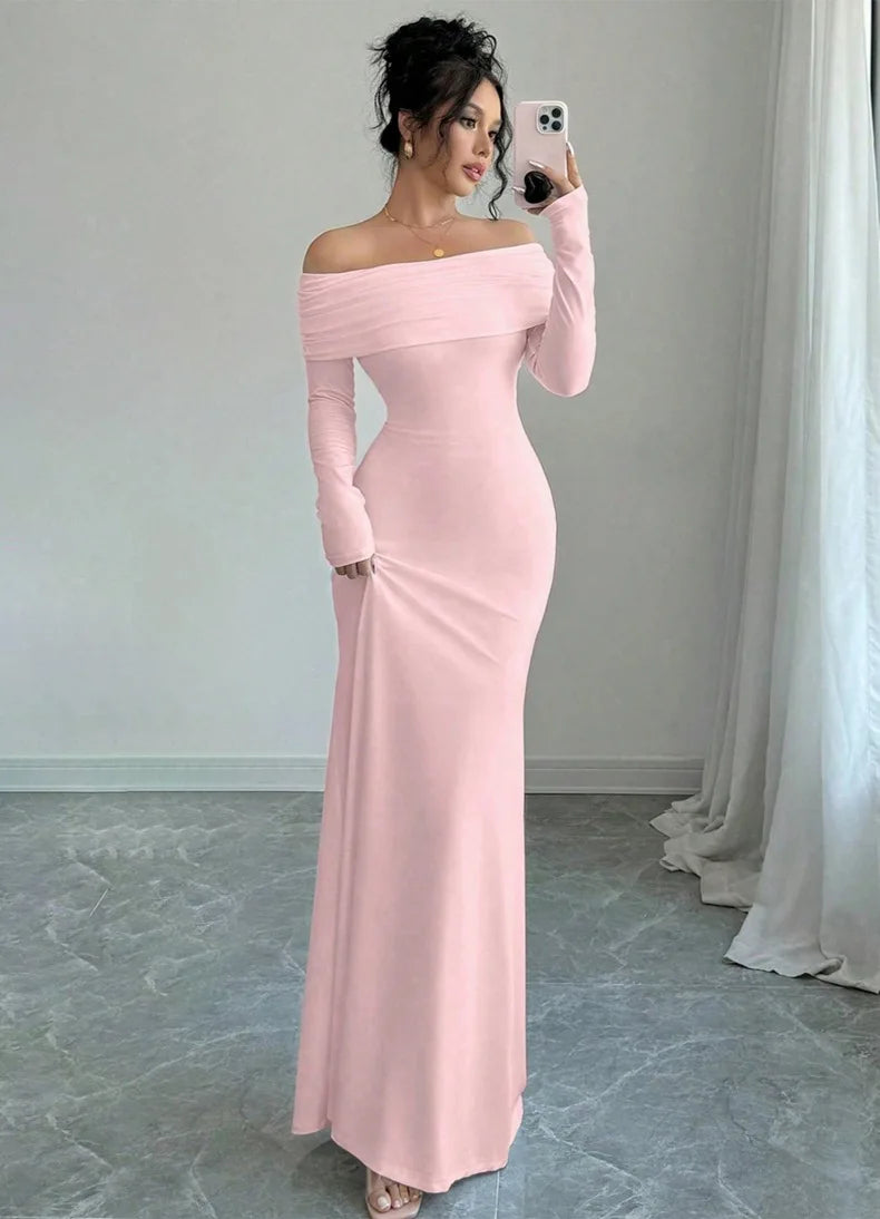 New arrival elegant women for spring season. Elegant long dress featuring a chic one-shoulder (slash neck)