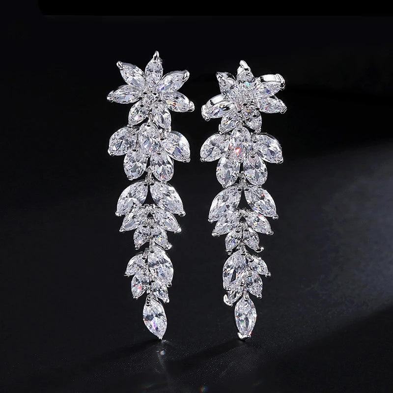 ZAKOL Fashion Cubic Zirconia Leaf Long Dangle Earrings for Elegant Women White Leaves Drop Earring Bridal Wedding Jewelry