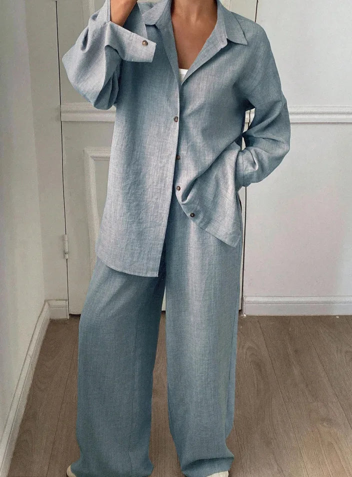 2026 New Women Linen Two Piece Outfit Set Lapel Long Sleeve Button Shirts Elastic Waist Wide Leg Pants Casual Loose Home Suit