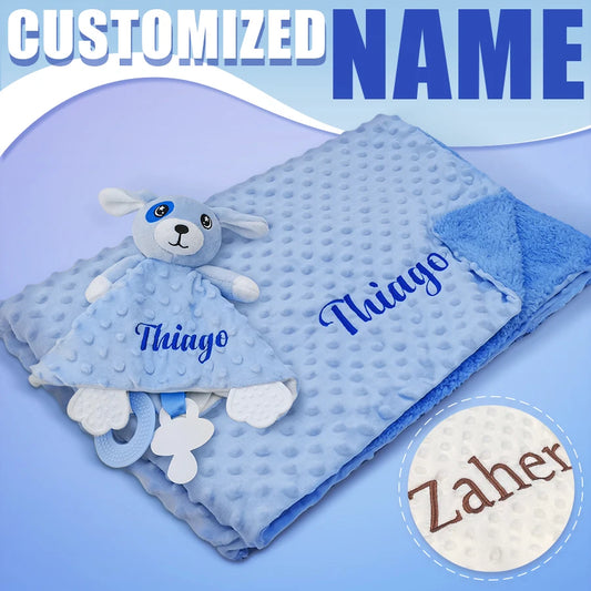 Newborn Baby Blanket with Name Custom Stroller Sleeping Dolls Animal Security Towel Gift Set for Baby Shower Gifts