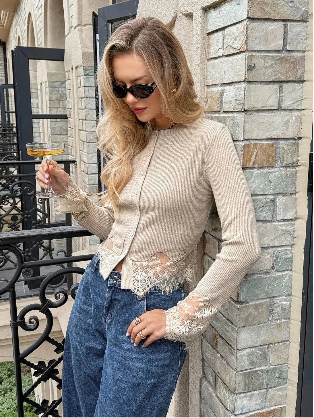 Women's Lace Patchwork Knitted Cardigan Casual O-Neck Hollow Out Long Sleeve Slim Fit Sweaters New Female Spring Autumn Knitwear