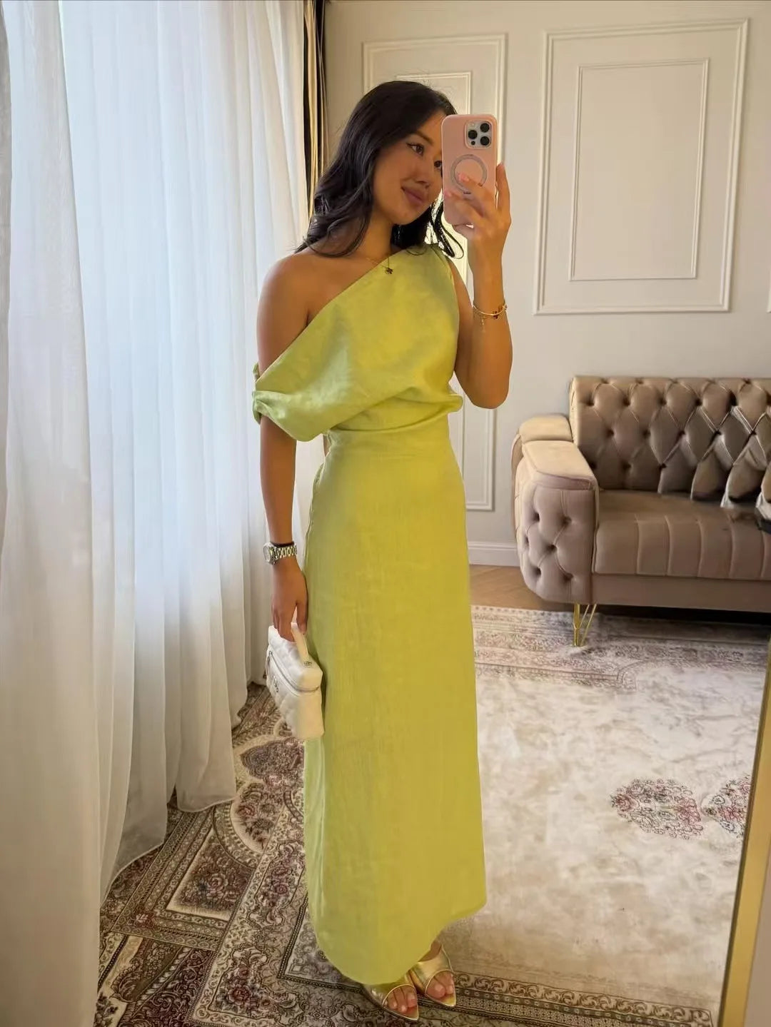 Elegant Solid One Shoulder Dresses Lady Skew Collar Waist-cinching Sleeveless Long Dress 2026 Women New Party Club Gowns