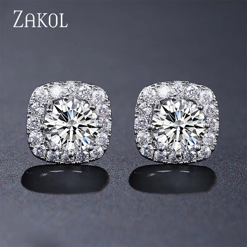 ZAKOL Classic White Square CZ Stud Earrings For Women Exquisite Round Cubic Zirconia Crystal Ear Jewelry Gift