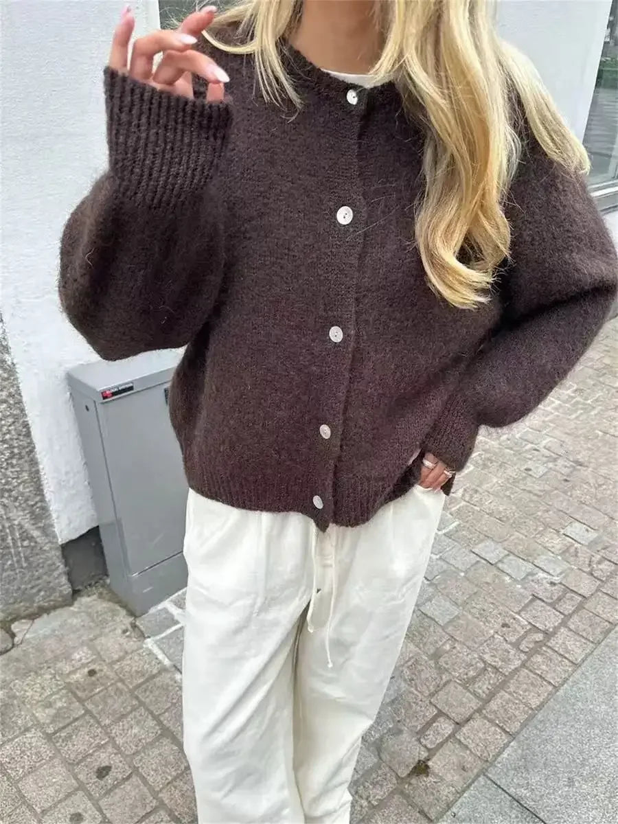 Women Mohair Knit Cardigan O Neck Elegant Lantern Long Sleeve Oversized Loose Fluffy Sweater Coat Autumn Winter Casual Knitwear