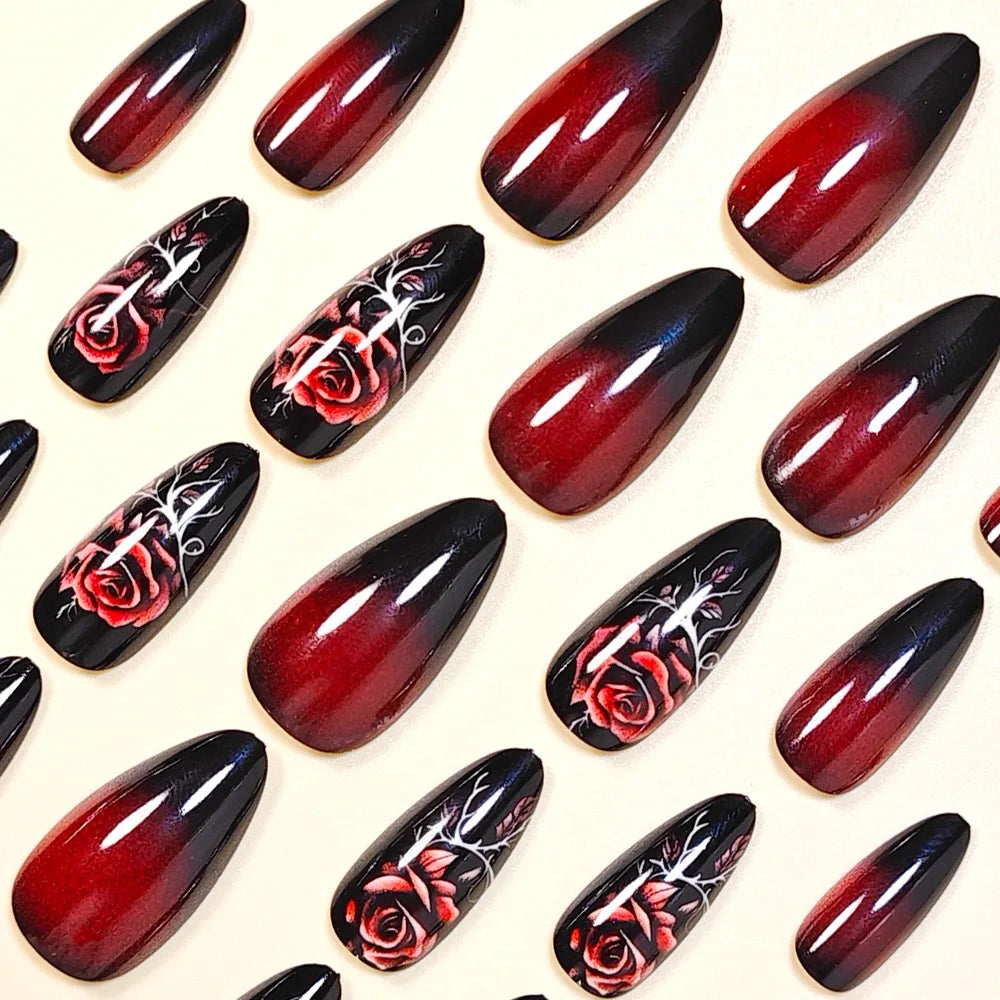Medium long fake nails for women girl black red rose flowers for Valentine's Day waterdrop almond shape full cover press on nail