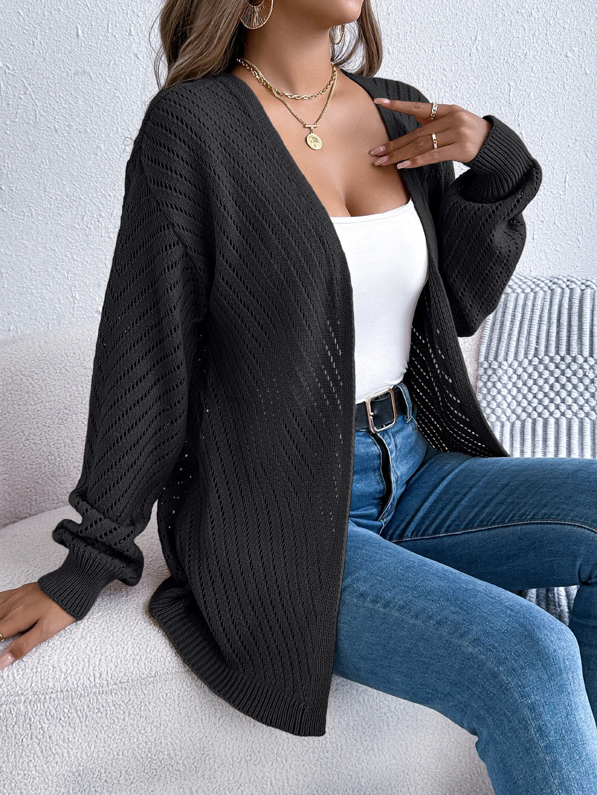 Women Solid Color Knitted Cardigan Sweaters 2026 Autumn Winter Casual Hollow Out Lantern Long Sleeve Coats Khaki White Black