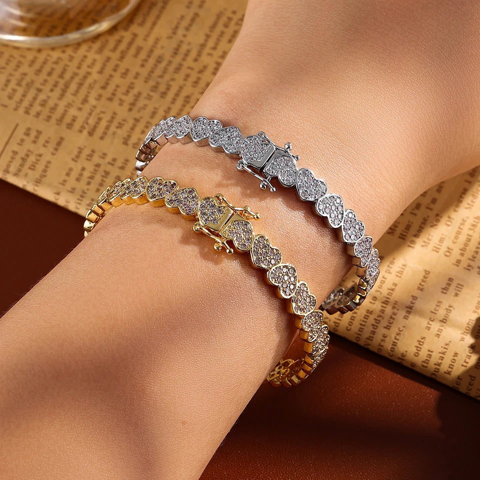 ZAKOL Full Iced Out Bling CZ Cubic Zirconia Heart Charm Bracelet Not Allergies Sliver Gold Color Hiphop Jewelry for Women Men
