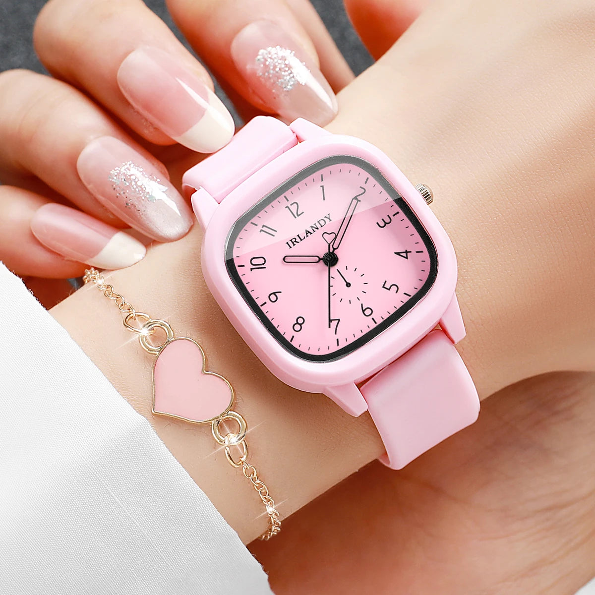 2PCS Fashion Arabic Dial Women Quartz Watch Heart Bracelet Set Square Silicone Strap Wristwatches Relogio Feminino (Without Box)