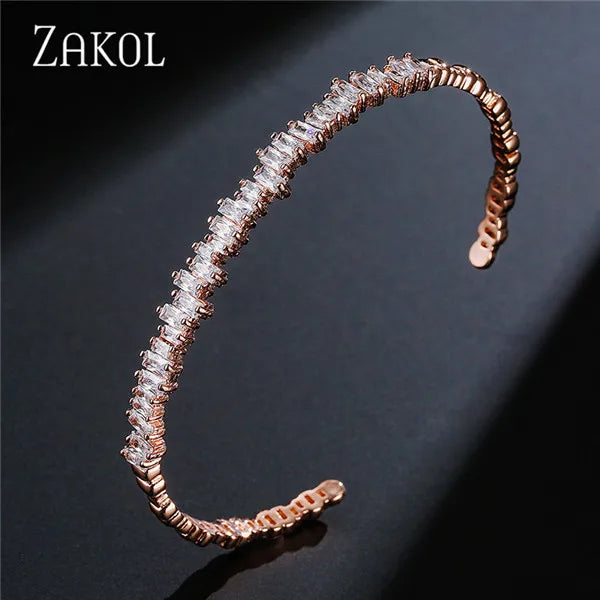 ZAKOL Fashion Cubic Zirconia Cuff Bangles for Women Trendy Baguette Men Open Bracelet Party Jewelry B154