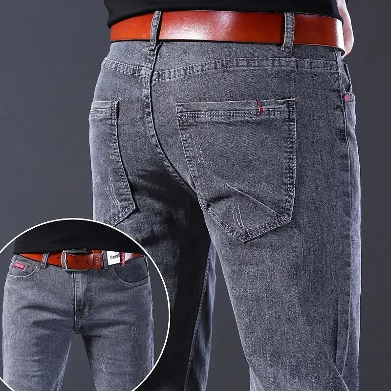 New Men Fashion Casual Business Denim Pants Male Slim Fit Straight Leg Trousers Stretch Solid Pants Size 27-38