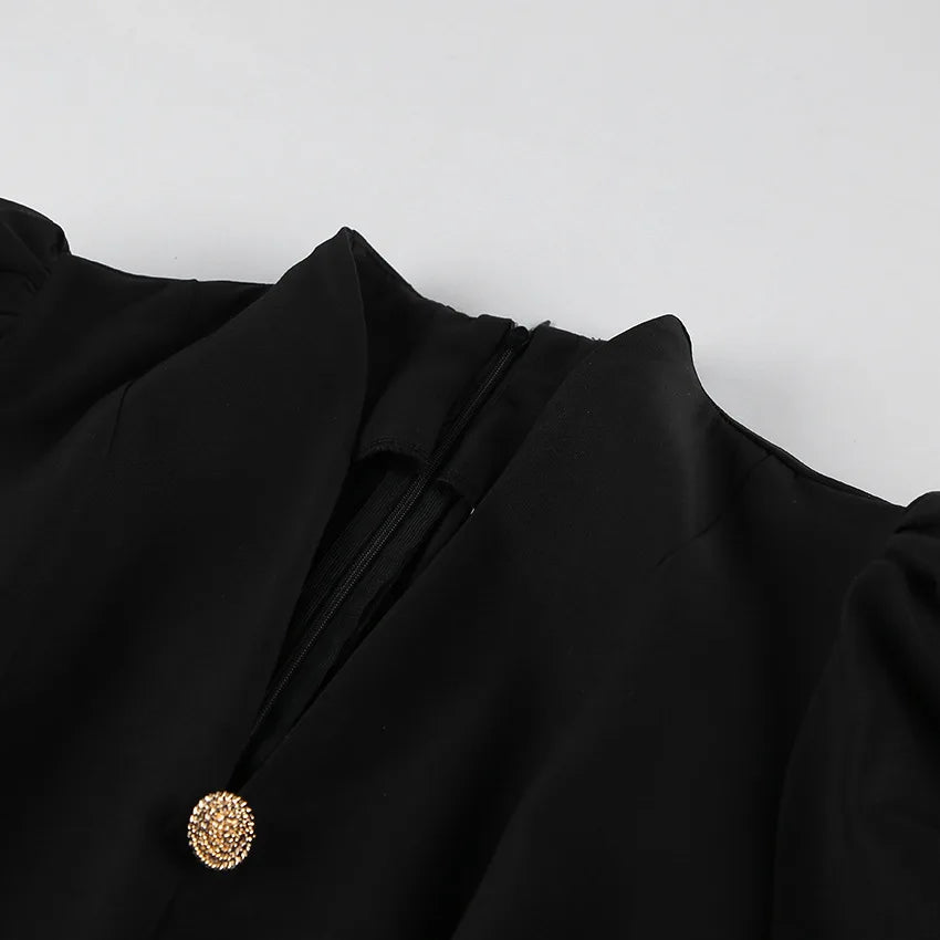 BKLD Hepburn Style Black A-Line Short Dresses Fashion Women's Clothing New V-Neck Puff Sleeve Single-Breasted Party Dress