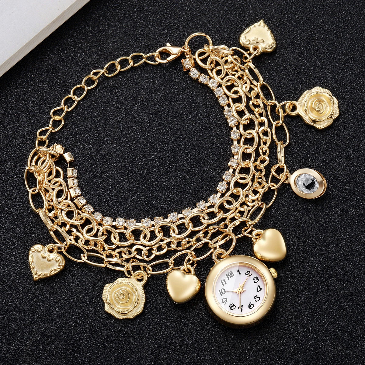 Fashion Multi‑Layer Bracelets Women Quartz Watch Heart Flower Charm Rhinestone Ladies Wristwatches Relogio Feminino（Without Box）