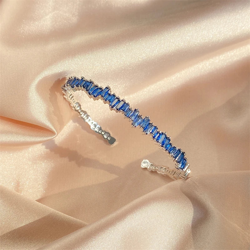 ZAKOL Fashion Shining Rectangle Zircon Cuff Bracelet for Women Personalized Turquoise Cubic Zirconia Bangle Party Jewelry