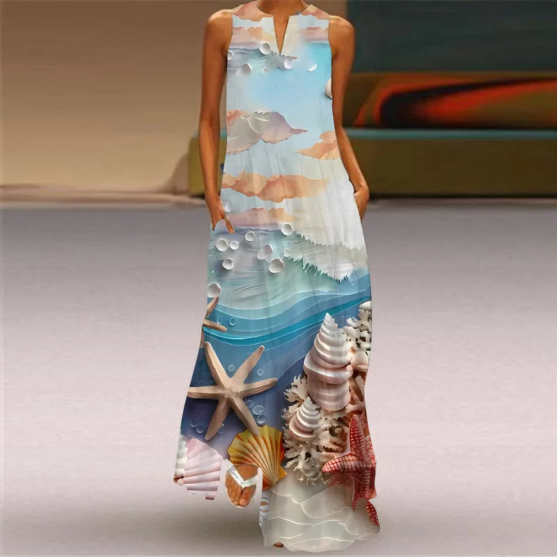 Summer Retro V-Neck Sleeveless Maxi Dress – Loose Artistic Print