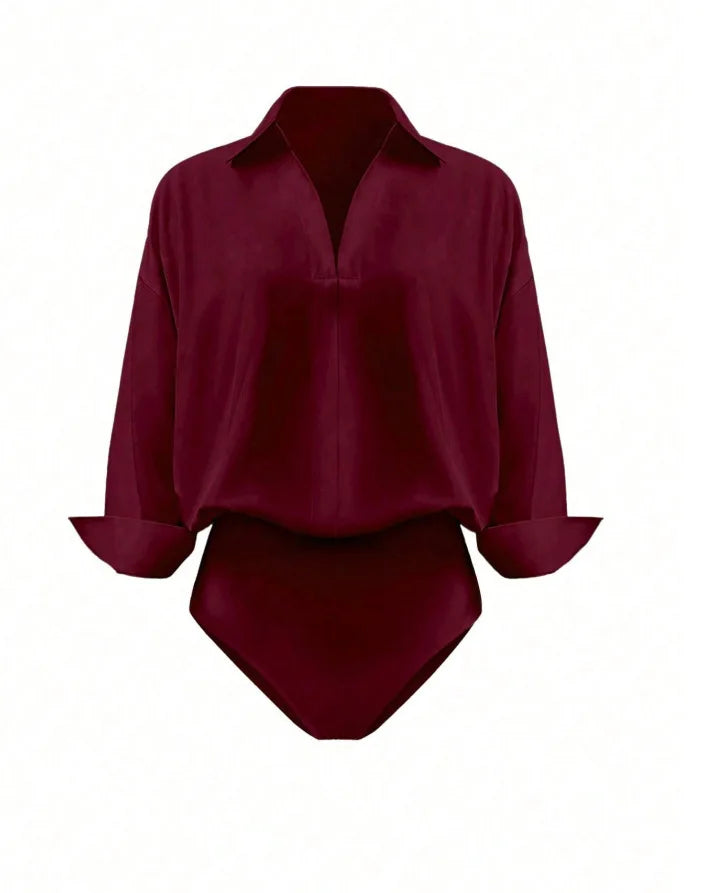 Women Shirt Bodysuit Oversized Boyfriend Half Sleeve Blouse Deep V Collar Bodysuit Shirts Elegant Office Lady Jumpsuit Top